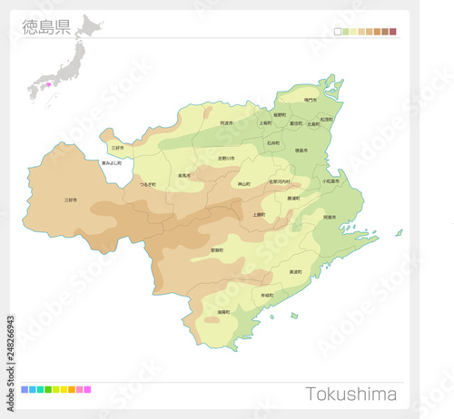 徳島県の地図（等高線・色分け・市町村・区分け）