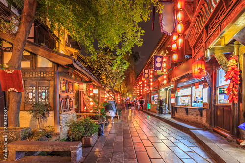 Nightscape of Chengdu Ancient Town, Sichuan Province, China..