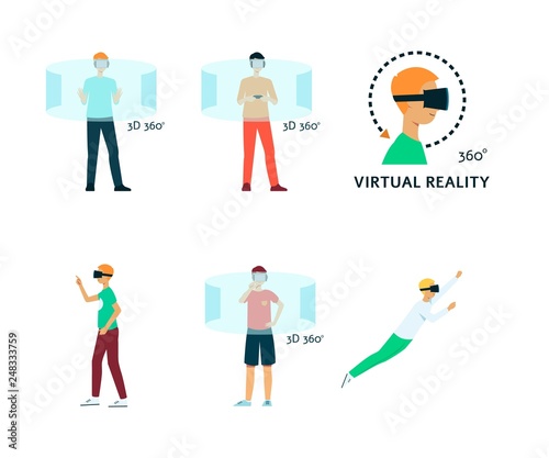 Vector flat young man in virtual reality headset