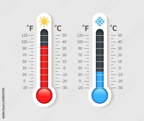 Cold warm thermometer. Temperature weather thermometers with celsius and fahrenheit scale. Thermostat meteorology vector isolated icon