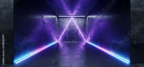 Neon Cyber Sci Fi Futuristic Modern Retro Led Laser Dance Lights Triangle Shaped Blue Pink Purple Lights On Reflective Grunge Concrete Dark Empty Room Corridor 3D Rendering