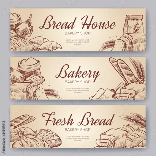 Bakery banners. Hand drawn cooking bread bakery bagel breads pastry rye bake baking pumpernickel culinary banner set