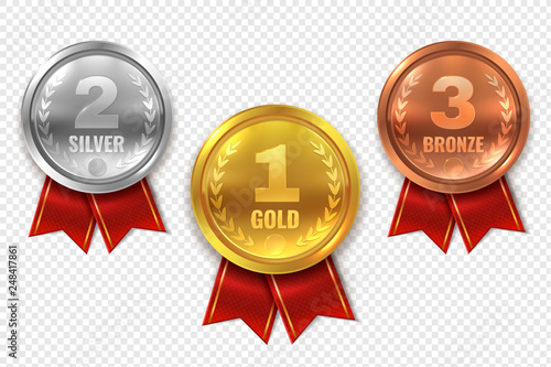 Realistic award medals. Winner medal gold bronze silver first place trophy champion honor best circle ceremony prize