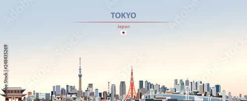 Vector illustration of Tokyo city skyline on colorful gradient beautiful day sky background with flag of Japan