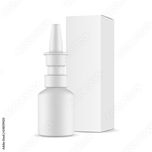 Nasal spray bottle with paper box mockup isolated on white background. Vector illustartion