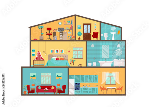 House model from inside. Detailed interiors with furniture and decor in flat vector style. Big House in cut. Cottage cutaway with interiors of bedroom, living room, kitchen, dining, bathroom, nursery