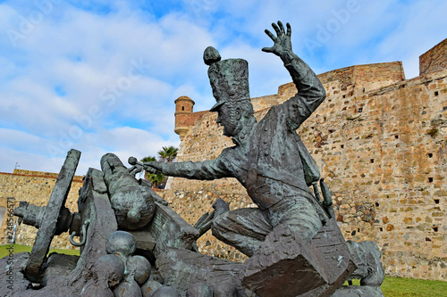 Bronze statue of a soldier and a cannon at Ceuta Castle, Ceuta, Spain