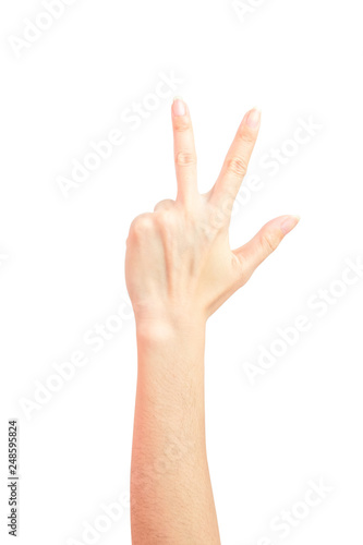 women hand gesture three-finger salute Symbols with congratulation. isolated on white background and cliping path.