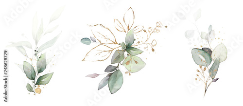  watercolor arrangements with leaves, herbs. herbal illustration. Botanic composition for wedding, greeting card.