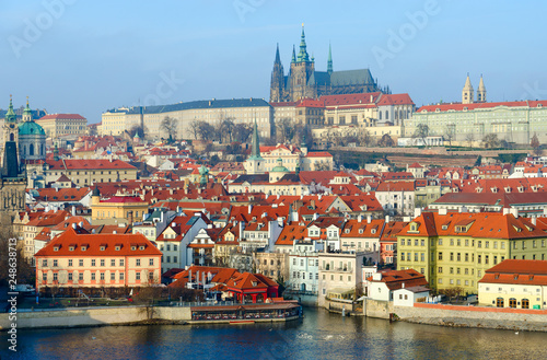 Beautiful view of embankment of Vltava River, Kampa Island, historic district Mala Strana, Prague Castle, Prague