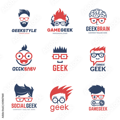 Geek logo. Business identity of smart programmers thinking nerd computer education vector design template. Programmer geek and smart nerd illustration