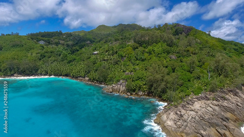 Mountains and ocean of Seychelles, aerial view