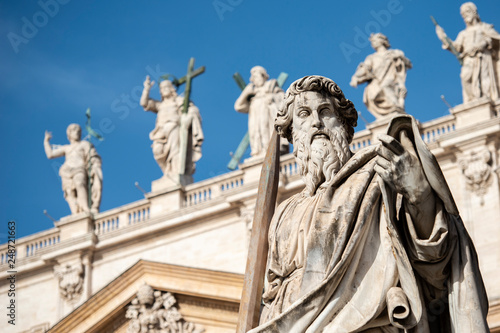 Vatican City, Italy October 03, 2018: Sculpture of Apostle Paul near St Peter Basilica in Vatican city