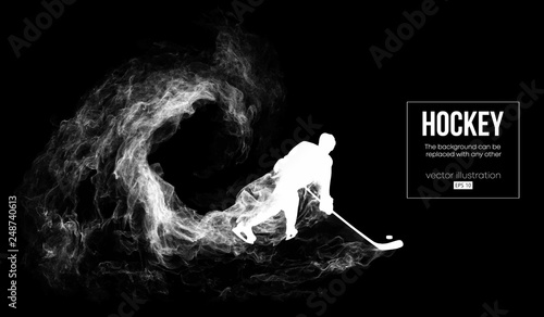 Abstract silhouette of a hockey player on dart, black background from particles, dust, smoke, steam. Hockey player hits the puck. Background can be changed to any other. Vector illustration