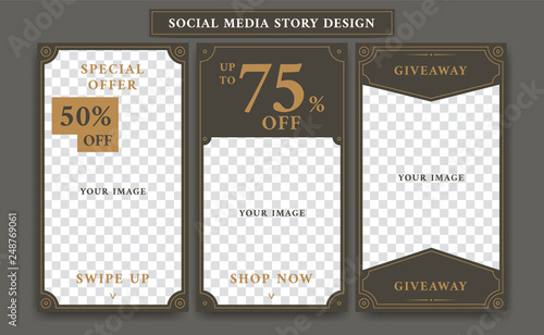 Social media story design template in vintage artdeco retro frame style for giveaway or product discount promotion