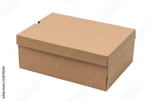 Brown cardboard shoes box with lid for shoe or sneaker product packaging mockup, isolated on white with clipping path.