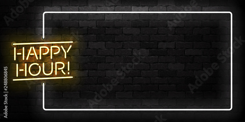 Vector realistic isolated neon sign of Happy Hour frame logo for template decoration and covering on the wall background. Concept of night club, free drinks, bar counter and restaurant.