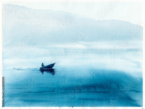 Watercolor illustration with sea, boat and fisherman. Hand drawn picture about fishing, foggy morning, seaside landscape. Blue painted background and wallpaper. Postcard in watercolor style.