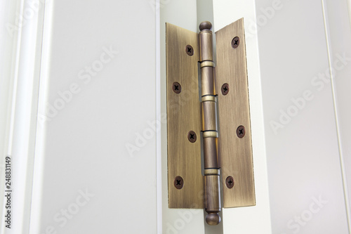 New modern metal door hinges on white wooden doors