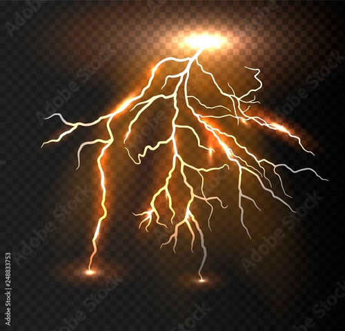 Realistic vector orange lightning on checkered background. Bright, electric lightning.