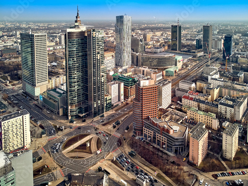 WARSAW, POLAND - FEBRUARY 10, 2019: Beautiful panoramic aerial drone view to panorama cityscape of Warsaw modern City, PKiN and "Rondo 1" office skyscraper located at Rondo ONZ