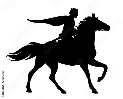 prince with crown and cloak riding a running horse - black vector silhouette of fairytale character