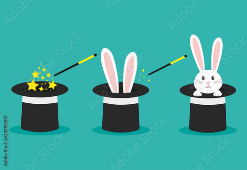 Magician's black hat, magic hat with bunny ears. Vector flat illustration in cartoon style.