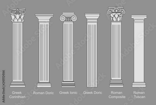 Ancient pillars set isolated on white background. Different architecture pillars with stone effect. Classical columns vector set.