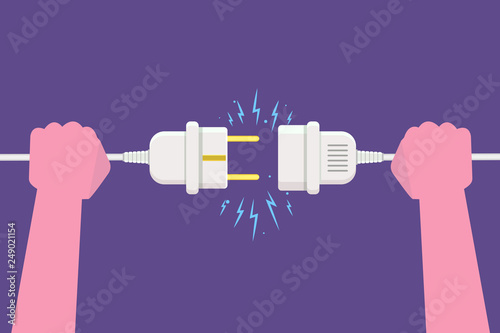 Hand Disconnecting Plug with electricity spark. Vector illustration in flat style