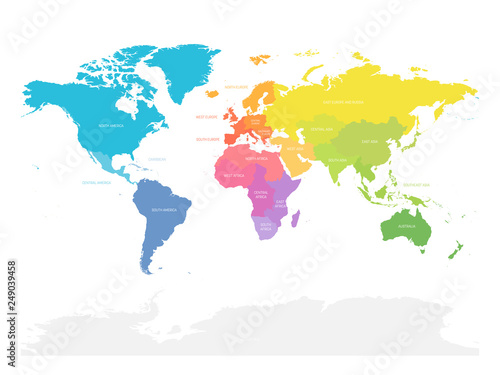 Colorful map of World doivided into regions. Simple flat vector illustration