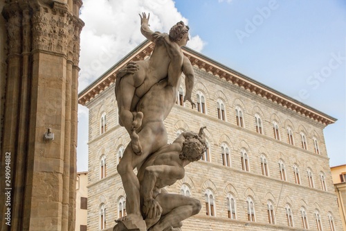 Sculpture The Rape of the Sabine Women, made by sculptor Giambologna (1574–82). Loggia dei Lanzi on the Piazza della Signoria in Florence, Italy.