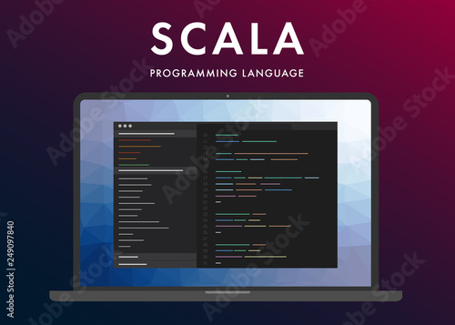 Scala programming language. Learning concept on the laptop screen code programming. Command line scala interface with flat design and gradient purple background. 