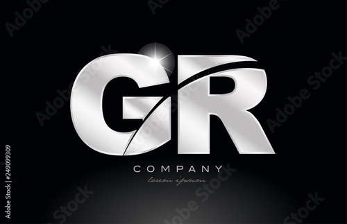 silver letter gr g r metal combination alphabet with grey color on black background logo