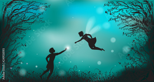 deep fairy forest silhouette at night with fairy girl and boy giving the lantern, fireflies,