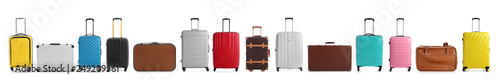 Set of different suitcases for travelling on white background