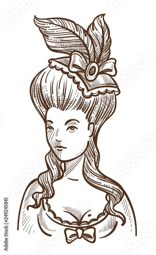 Medieval woman in dress with feathers in head and big hairstyle sketch