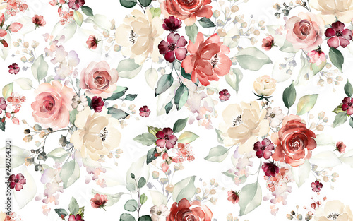 Seamless pattern with flowers and leaves. Hand drawn background. floral pattern for wallpaper or fabric. Flower rose. Botanic Tile.