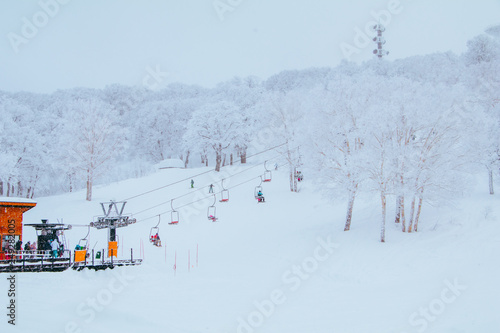 Landscape and Mountain view of Nozawa Onsen in winter , Nagano, Japan.