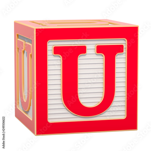 ABC Alphabet Wooden Block with U letter. 3D rendering