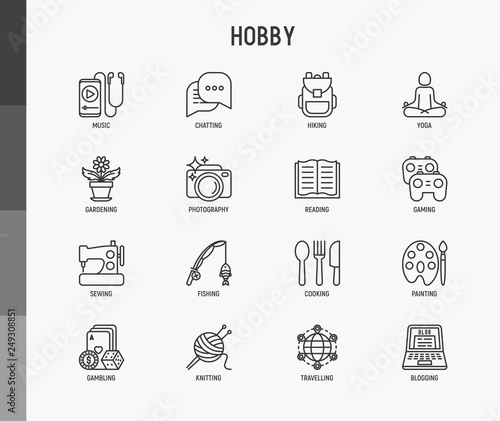Hobby thin line icons set: reading, gaming, gardening, photography, cooking, sewing, fishing, hiking, yoga, music, travelling, blogging, knitting. Modern vector illustration.