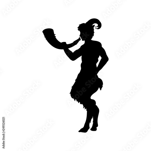 Faun Satyr blowing into horn silhouette ancient mythology fantasy. Vector illustration.