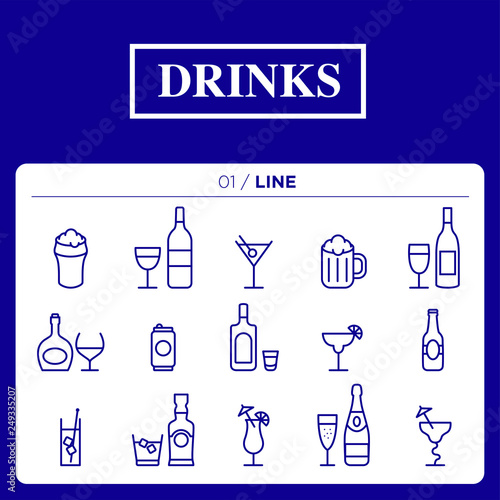 set of drinks icons in line