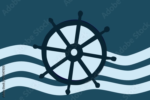 Flat blue water, marine greeting card with steering wheel,Travelconcept