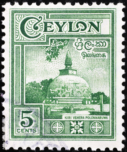 Pagoda on vintage postage stamp of Ceylon