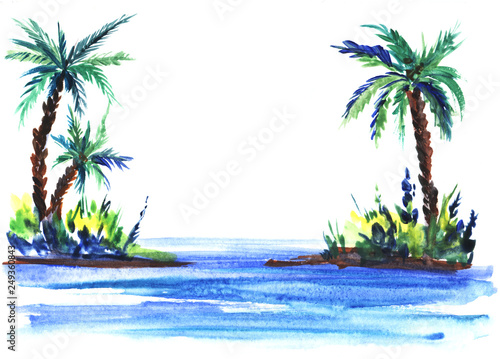 sketch illustration of a green island with lush bushes and palm trees in blue sea waters. Hand-drawn watercolor illustration