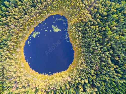Aerial view of beautiful landscape of Mazury region during autumn season, Kacze Lake, Poland