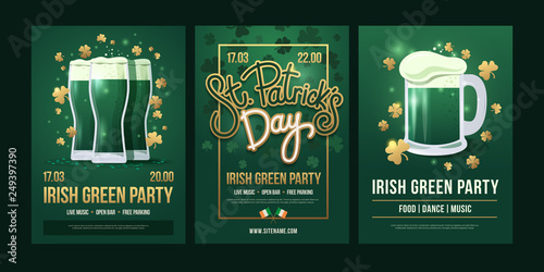 Set of festive posters with symbols of Irish holiday on a green background. Three beer glasses with golden clover, the inscription: "St. Patrick's Day" and beer mug with foam. Holiday illustration.