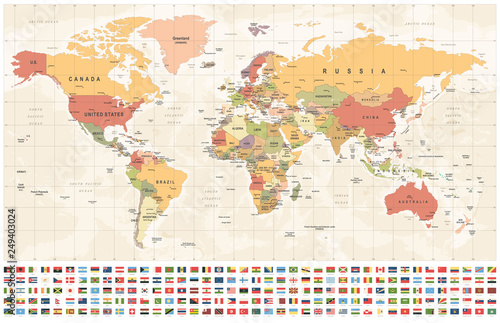 Mapa świata i flagi - granice, kraje i miasta - vintage ilustracji