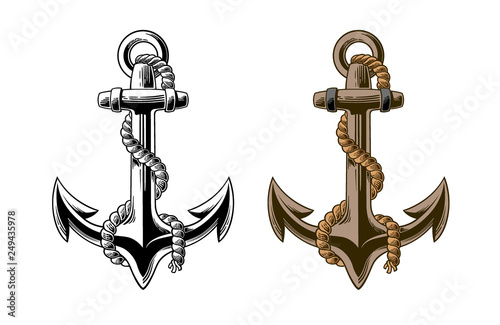 Hand drawn anchor with rope Isolated on white background. Black and white vector illustration of anchor done in woodcut style. Layered file for easier customization.