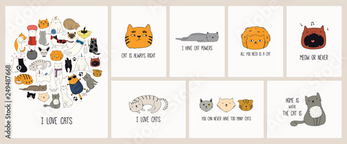 Set of cards with cute color doodles of different cats with funny quotes for cat lovers. Hand drawn vector illustration. Line drawing. Design concept for poster, t-shirt, fashion print.